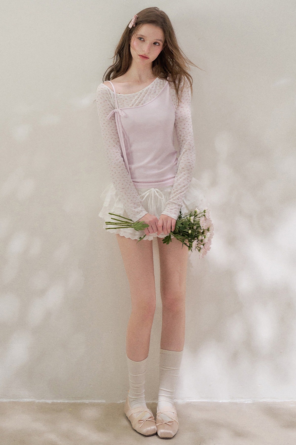 Layered-Look Floral Long Sleeve Blouse