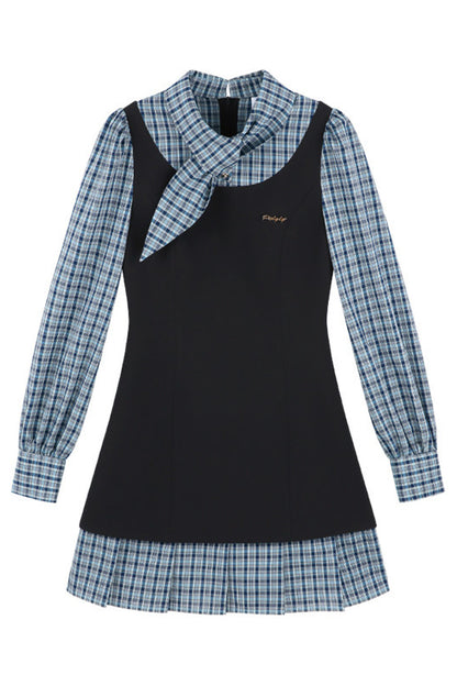 Blue Plaid Layered-Look Dress