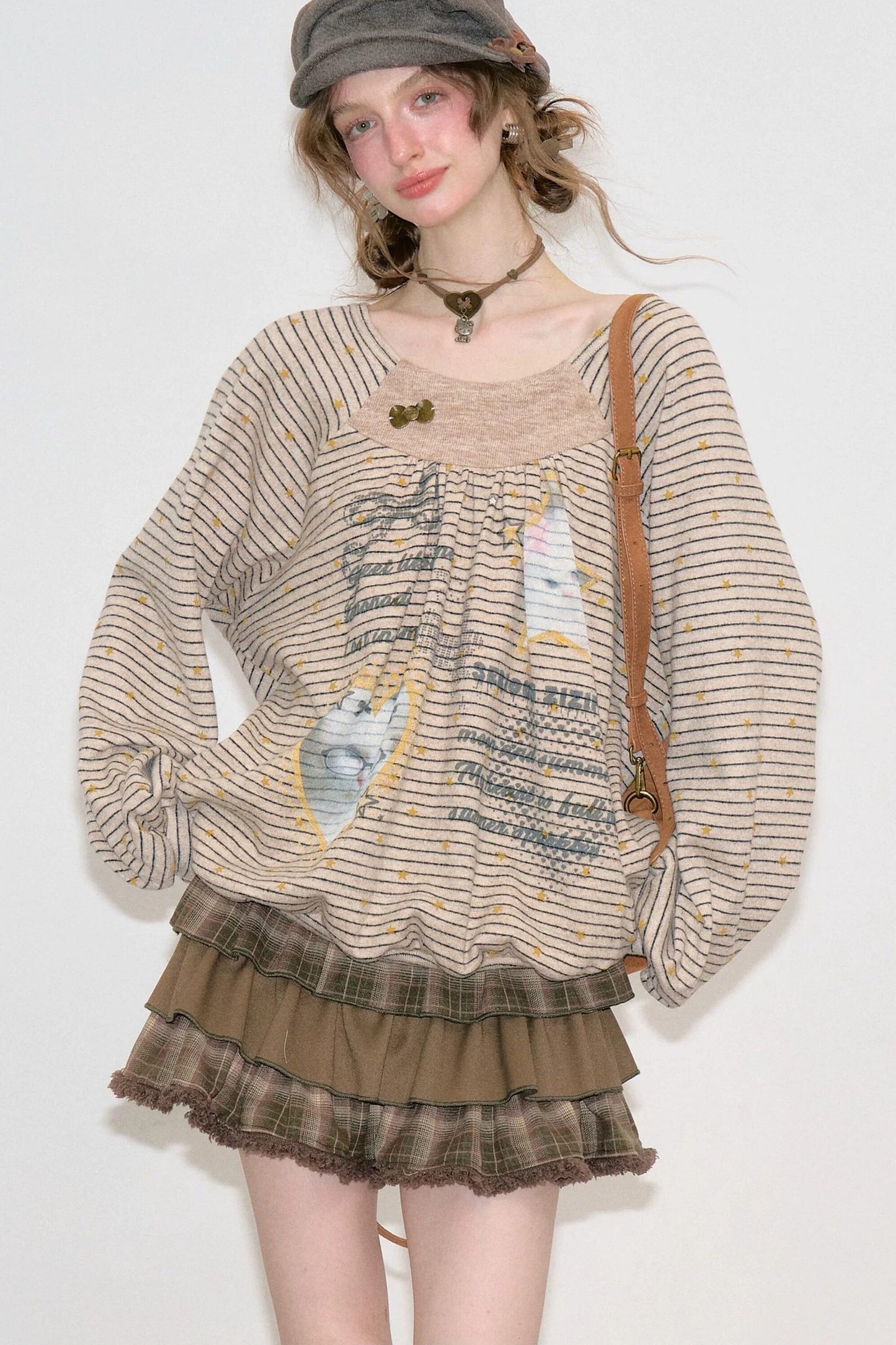 Striped Cat Print Round Neck Sweatshirt