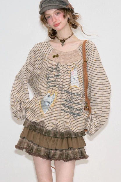 Striped Cat Print Round Neck Sweatshirt
