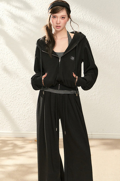 Hooded Drawstring Cardigan Set-Up