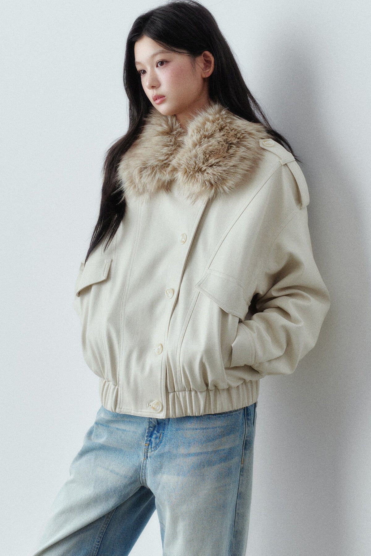 Fur Collar Button-Up Short Jacket