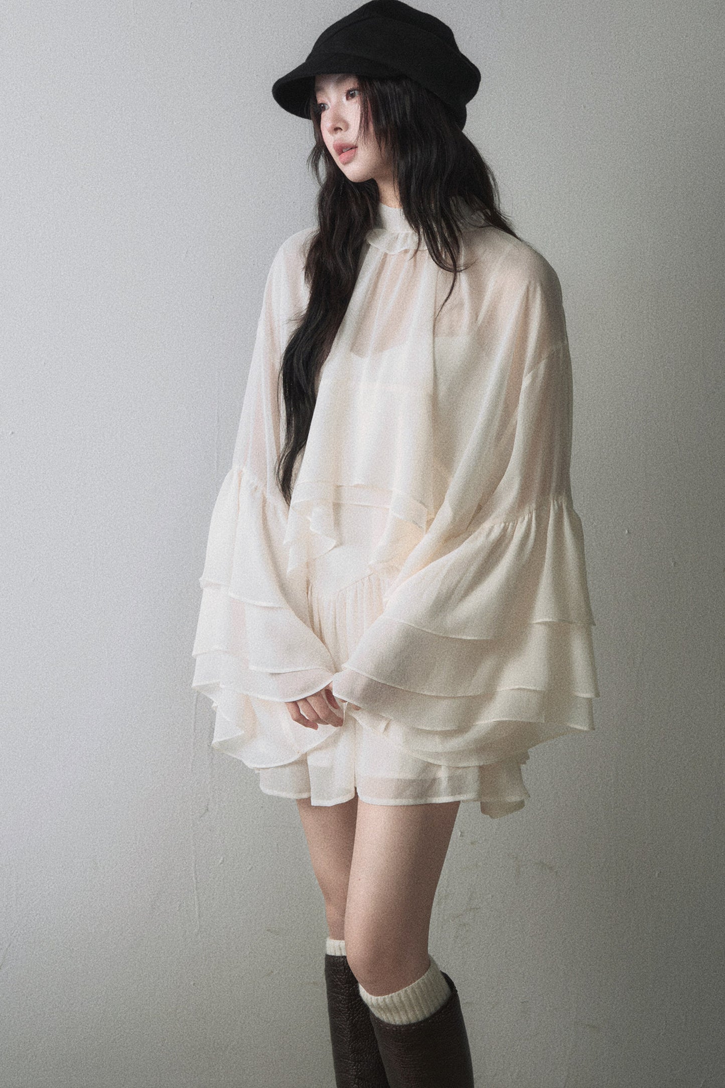 Ruffled Long-Sleeve Blouse and Suspender Dress Set-Up