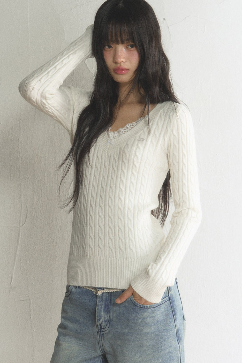 Lace Trim V-Neck Knit Top and Pants Set-Up