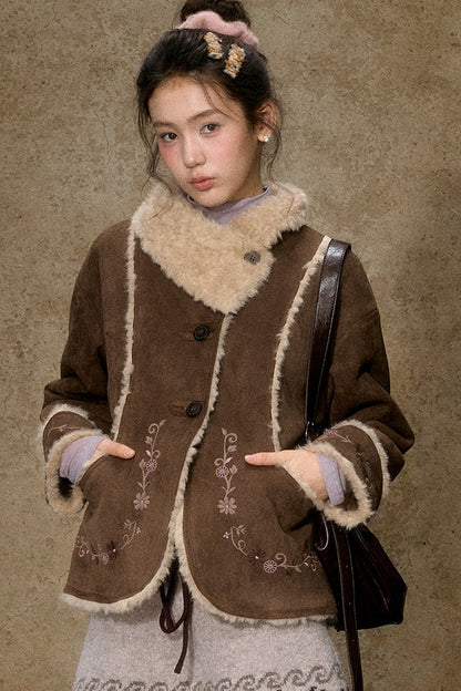 Embroidered Branch Snow Faux Suede Jacket