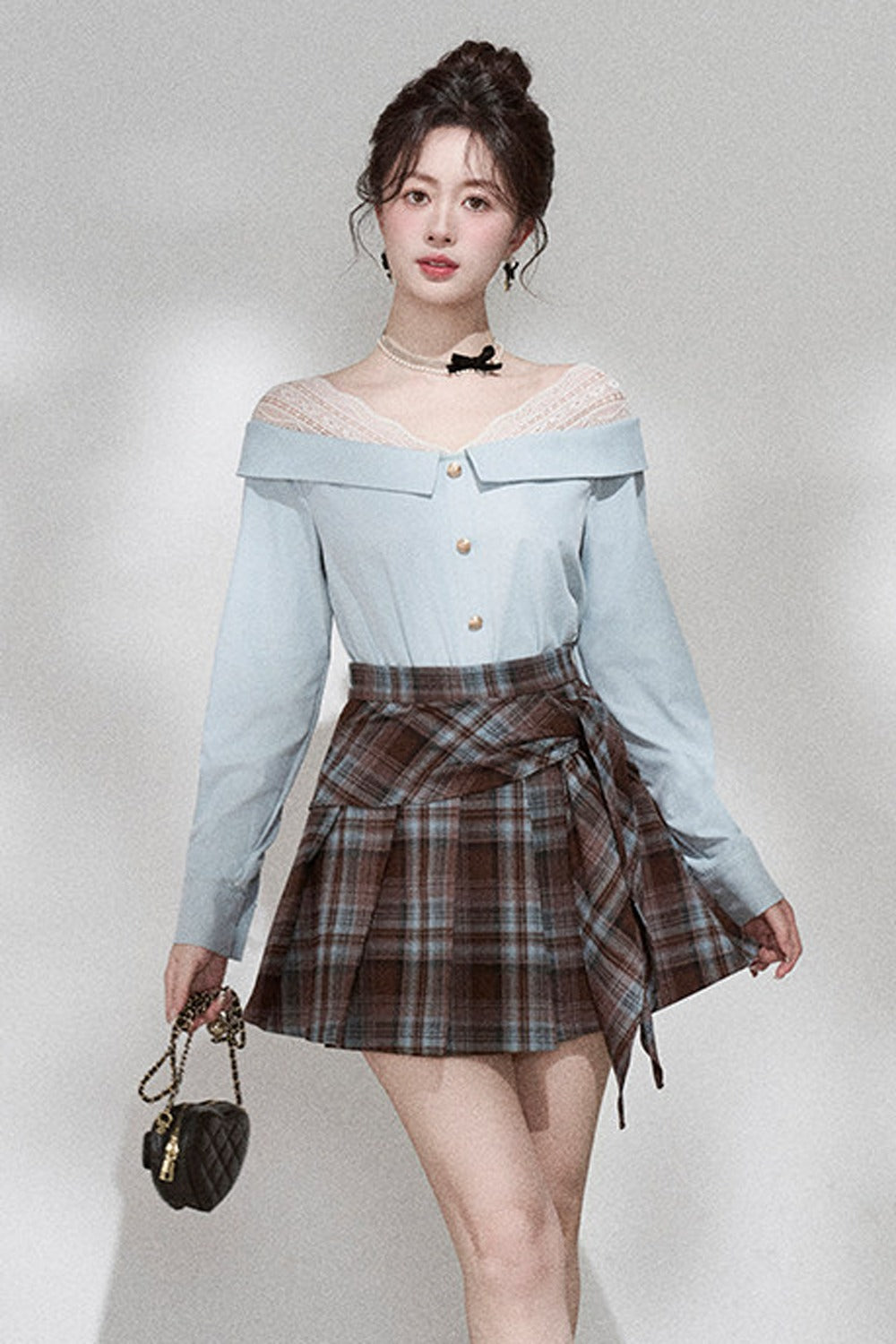 Blue Off-Shoulder Lace Blouse and Skirt Set-Up