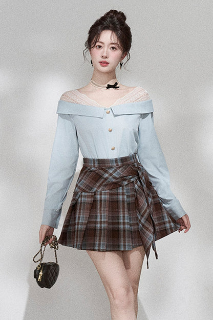 Blue Off-Shoulder Lace Blouse and Skirt Set-Up