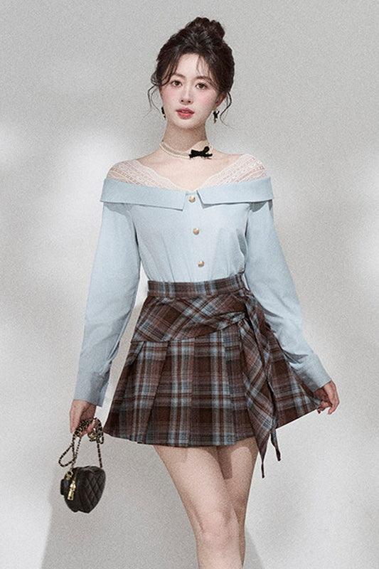 Blue Off-Shoulder Lace Blouse and Skirt Set-Up