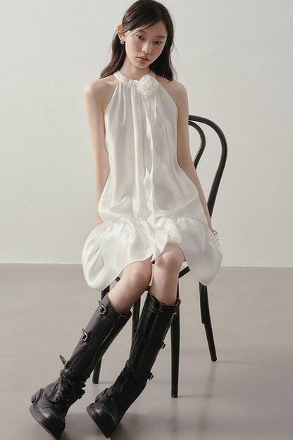 White Rose Halter Neck Ruffle Dress
