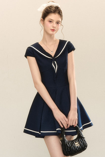 Navy Blue Sailor Collar A-Line Dress
