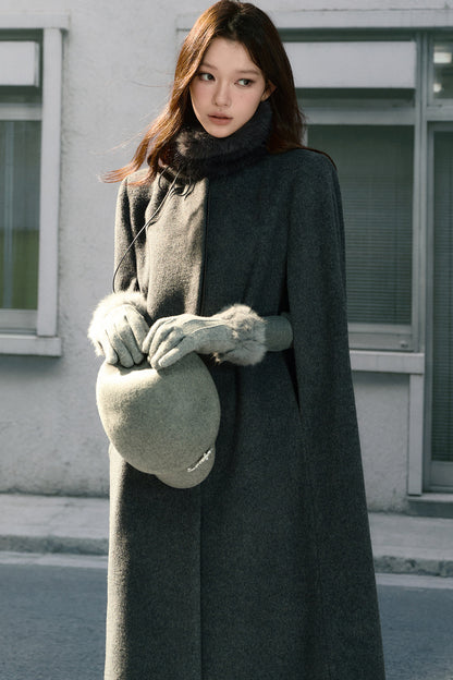 Sleeveless Fur Collar Woolen Cape