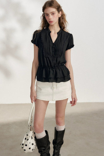 Black Chiffon Short-Sleeve Blouse