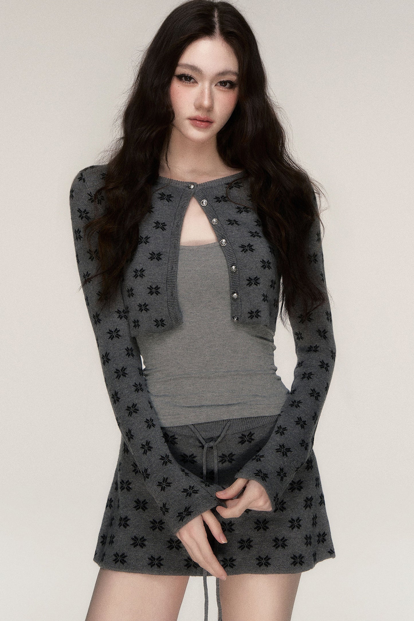 Grey Knit Cardigan and Skirt Set-Up