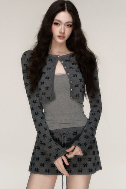 Grey Knit Cardigan and Skirt Set-Up