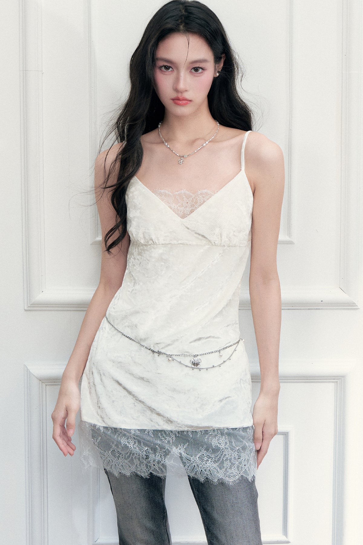 Eyelash Lace Velvet Texture Patchwork Layered Camisole