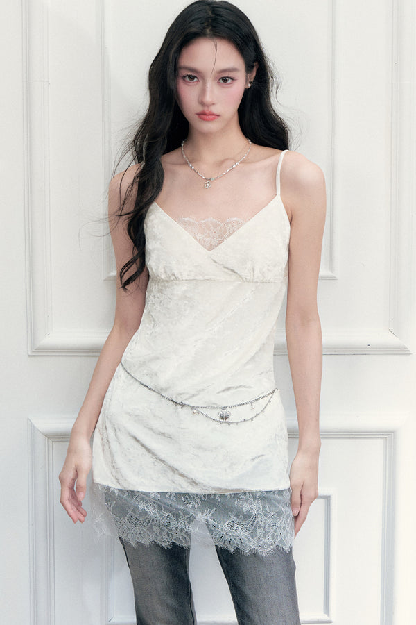 Eyelash Lace Velvet Texture Patchwork Layered Camisole