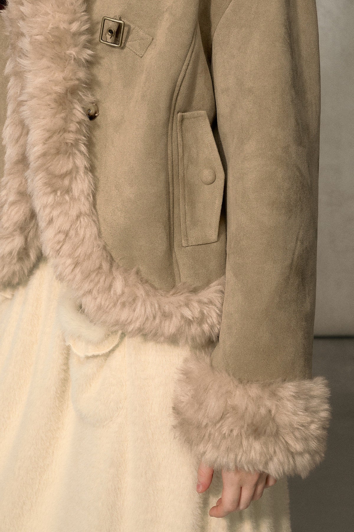 Oatmeal Chocolate Fur Trim Asymmetrical Jacket