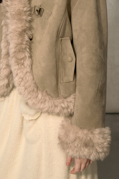 Oatmeal Chocolate Fur Trim Asymmetrical Jacket