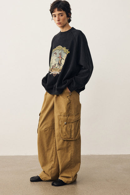 Washed Cat Print Sweatshirt and Pants Set