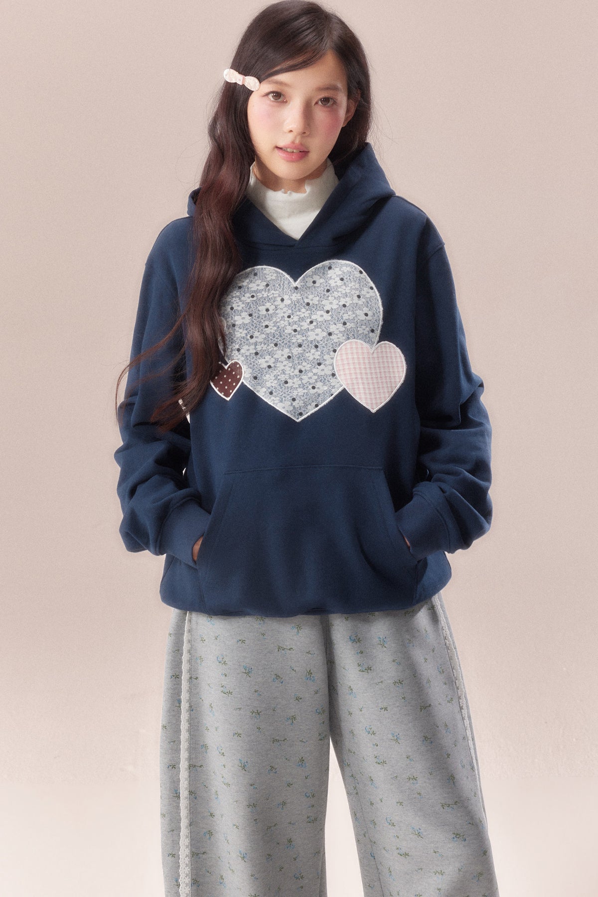 Heart Patchwork Embroidered Hooded Sweatshirt