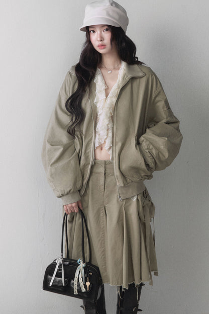 Loose Workwear Jacket and Pleated Skirt Set-Up