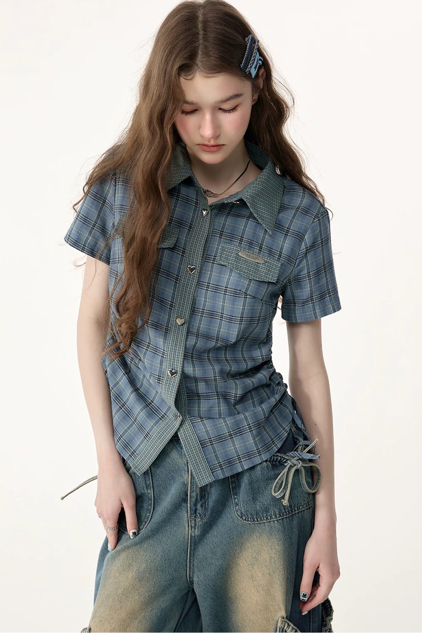 Camicia a maniche corte con motivo scozzese blu e verde