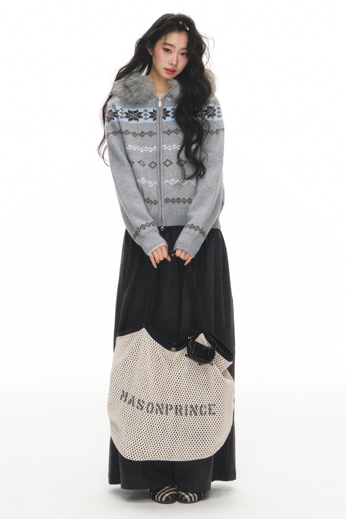 Fair Isle Jacquard Fur Collar Cardigan Set-Up