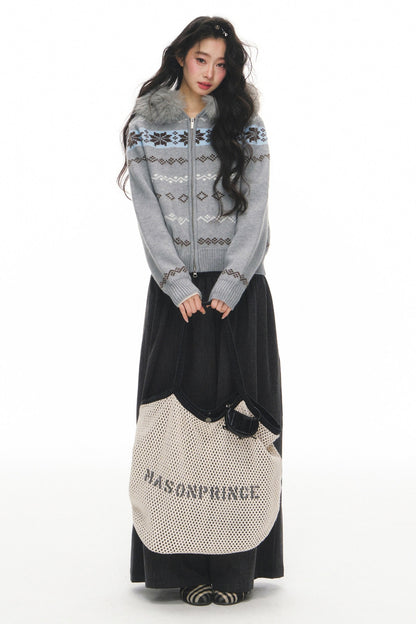 Fair Isle Jacquard Fur Collar Cardigan Set-Up