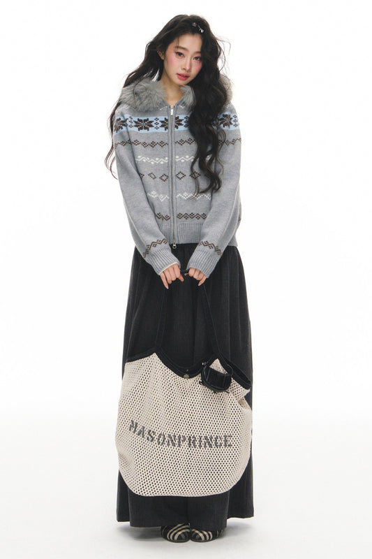 Fair Isle Jacquard Fur Collar Cardigan Set-Up