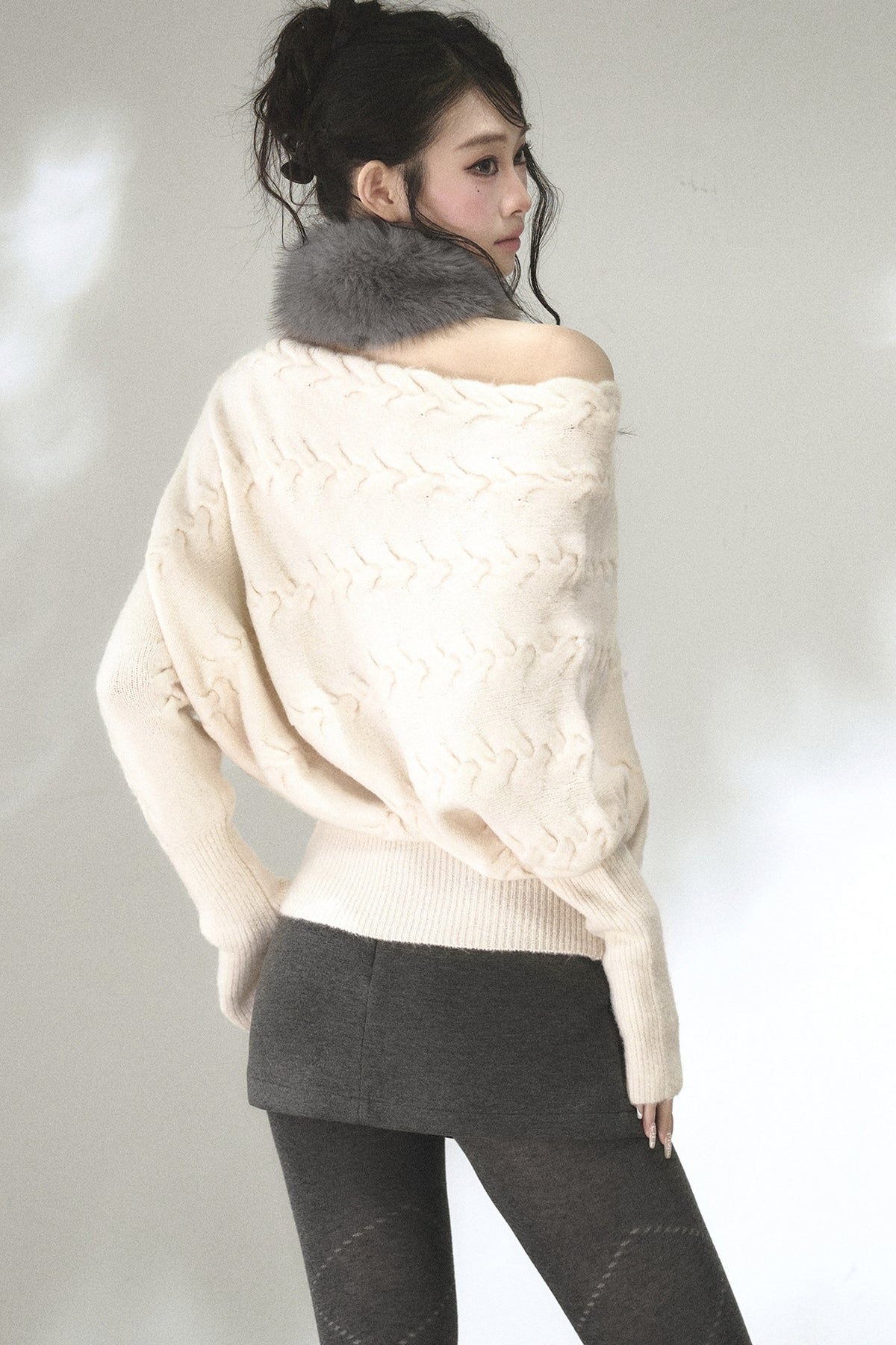 Diagonal Cable Knit Off-Shoulder Sweater