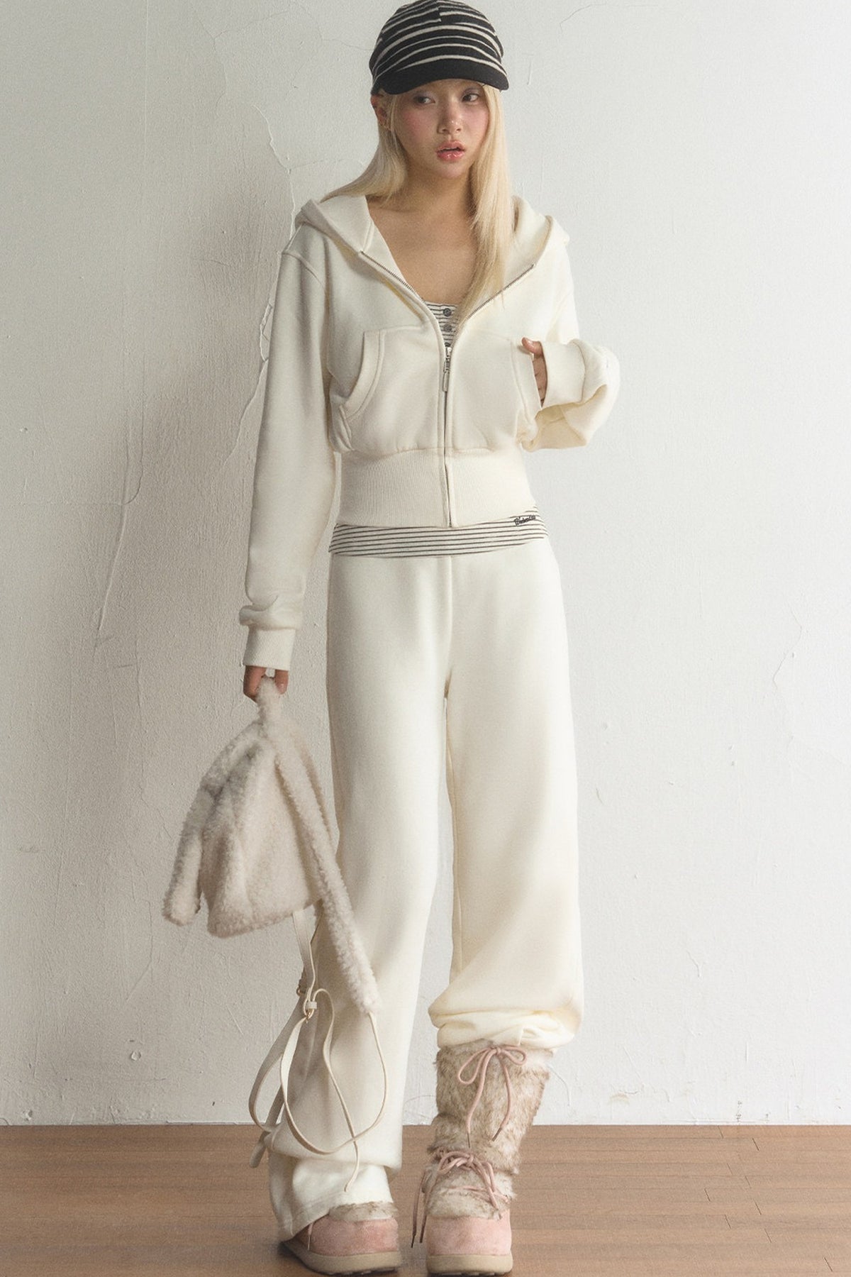 Short Hooded Sweatshirt Jacket and Pants Set-Up