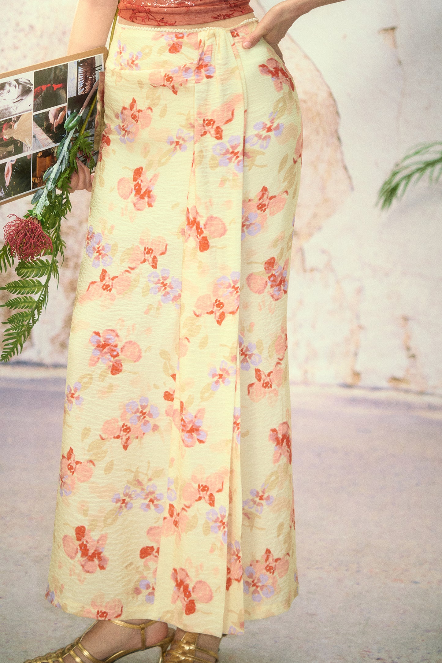 Floral Front Slit Straight Long Skirt