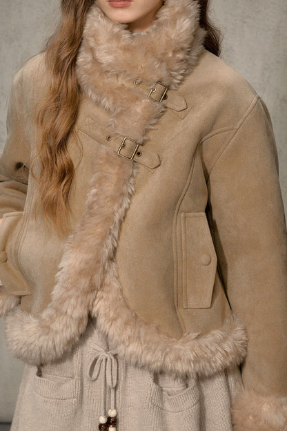 Oatmeal Chocolate Fur Trim Asymmetrical Jacket