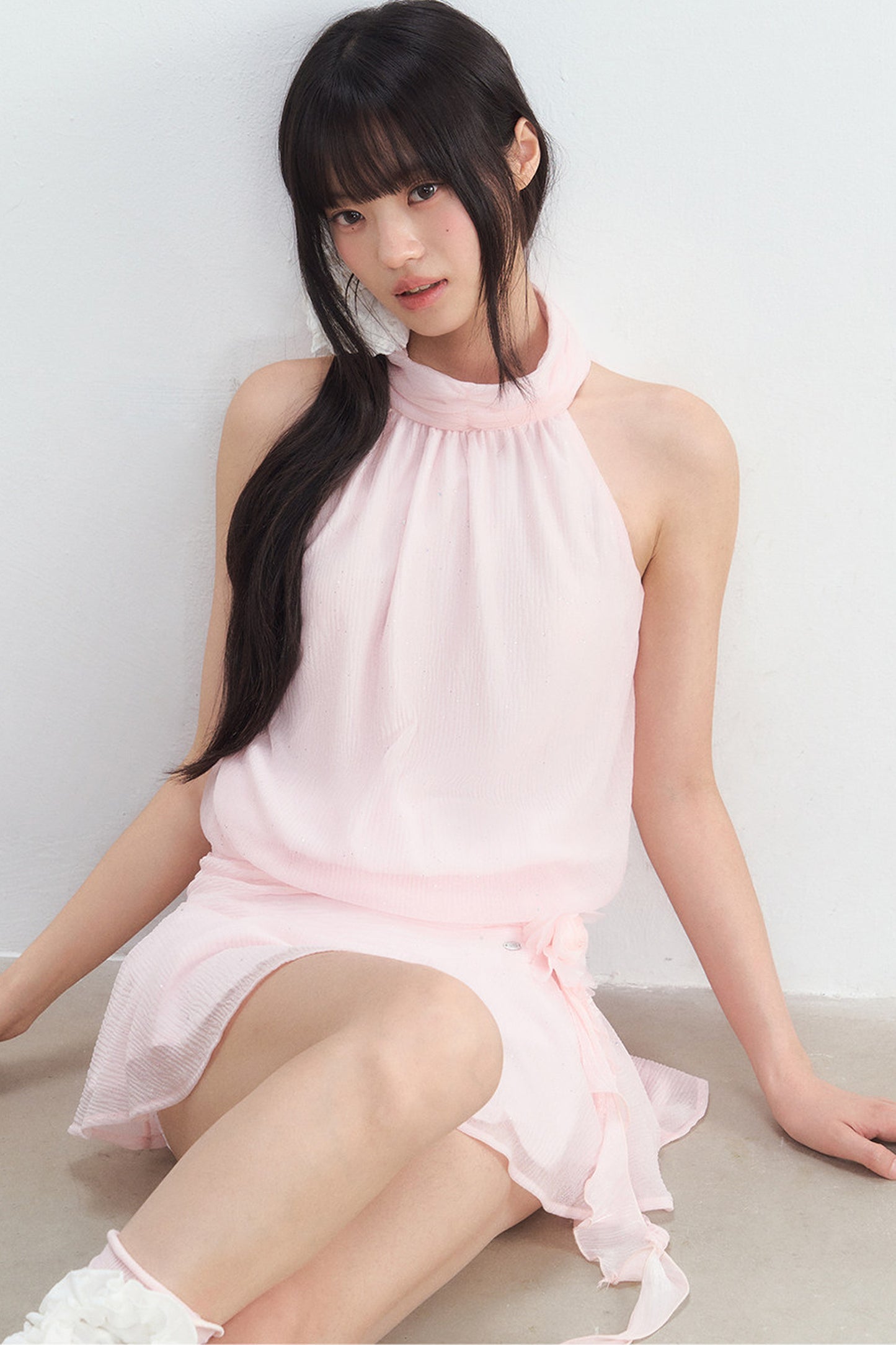 Pink Textured Chiffon Sleeveless Halter Dress