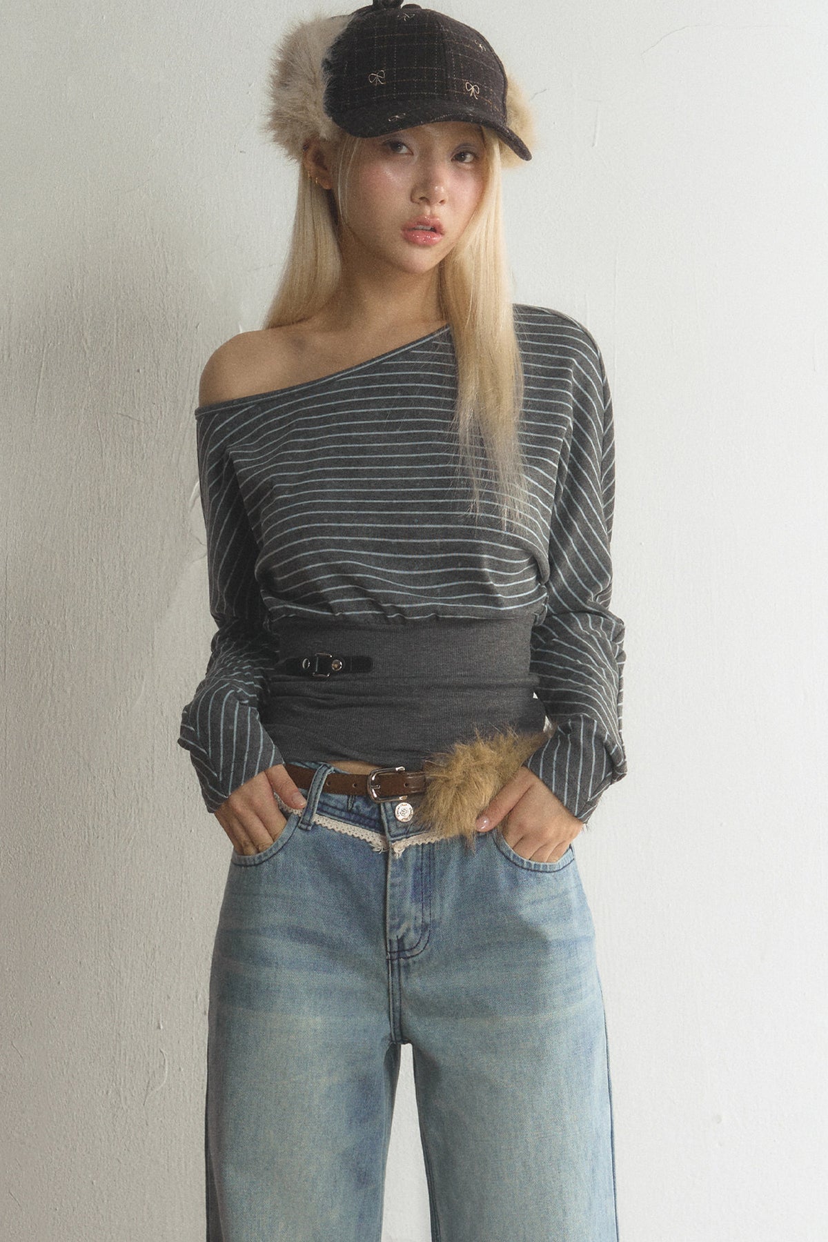 Striped Off-Shoulder Top and Jeans Set-Up