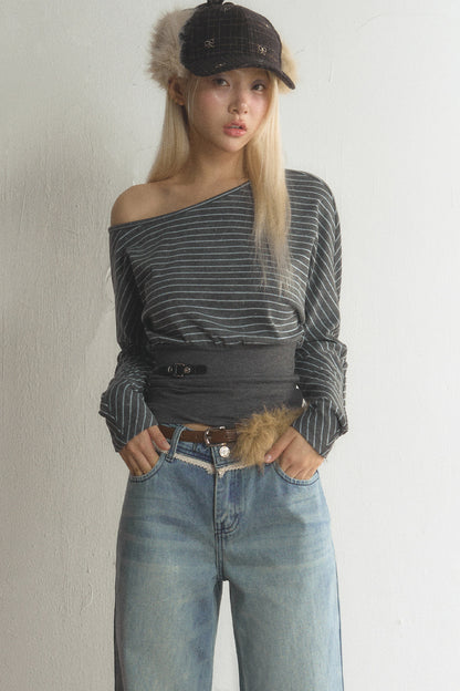 Striped Off-Shoulder Top and Jeans Set-Up