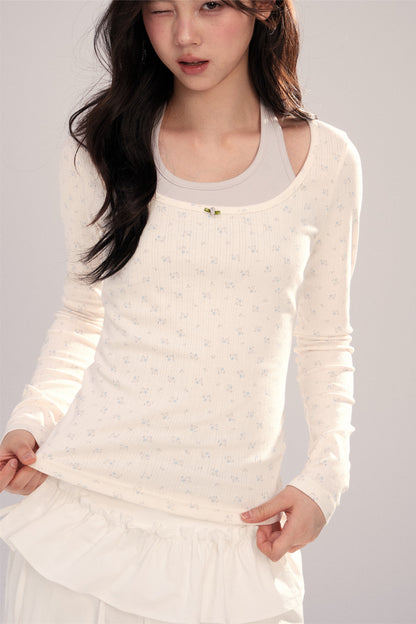 Large U-Neck Floral Long-Sleeve Base T-Shirt Set-Up