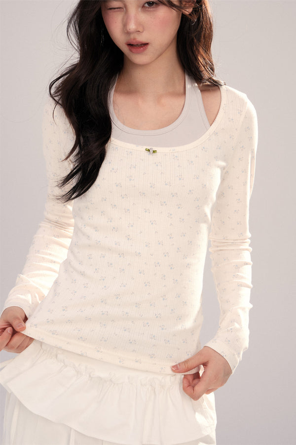 Large U-Neck Floral Long-Sleeve Base T-Shirt Set-Up