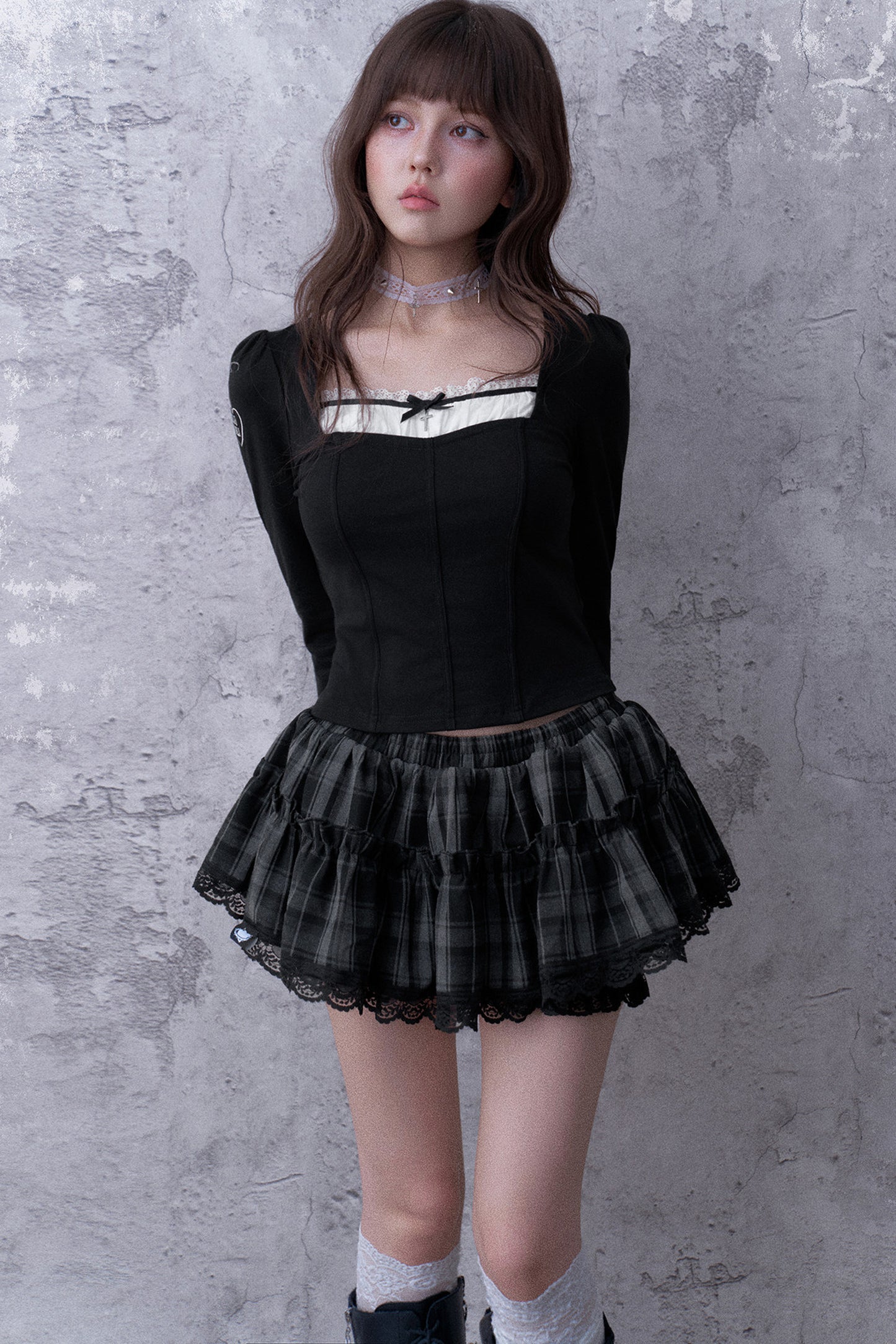 Three-Layer Gray Black Plaid Puffy Skirt