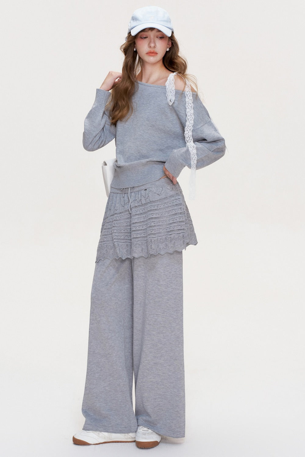 Wool Blend Off-Shoulder Lace Bow Knit Sweater and Pants Set-Up