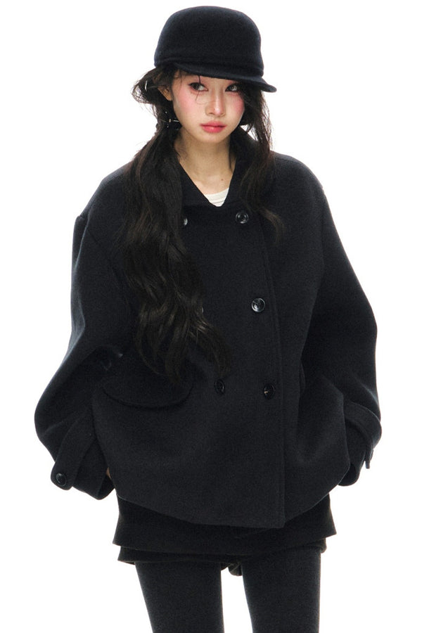 Black Wool Doll Collar Coat Set-Up