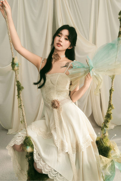 French Heavy Lace Trailing Strap Dress