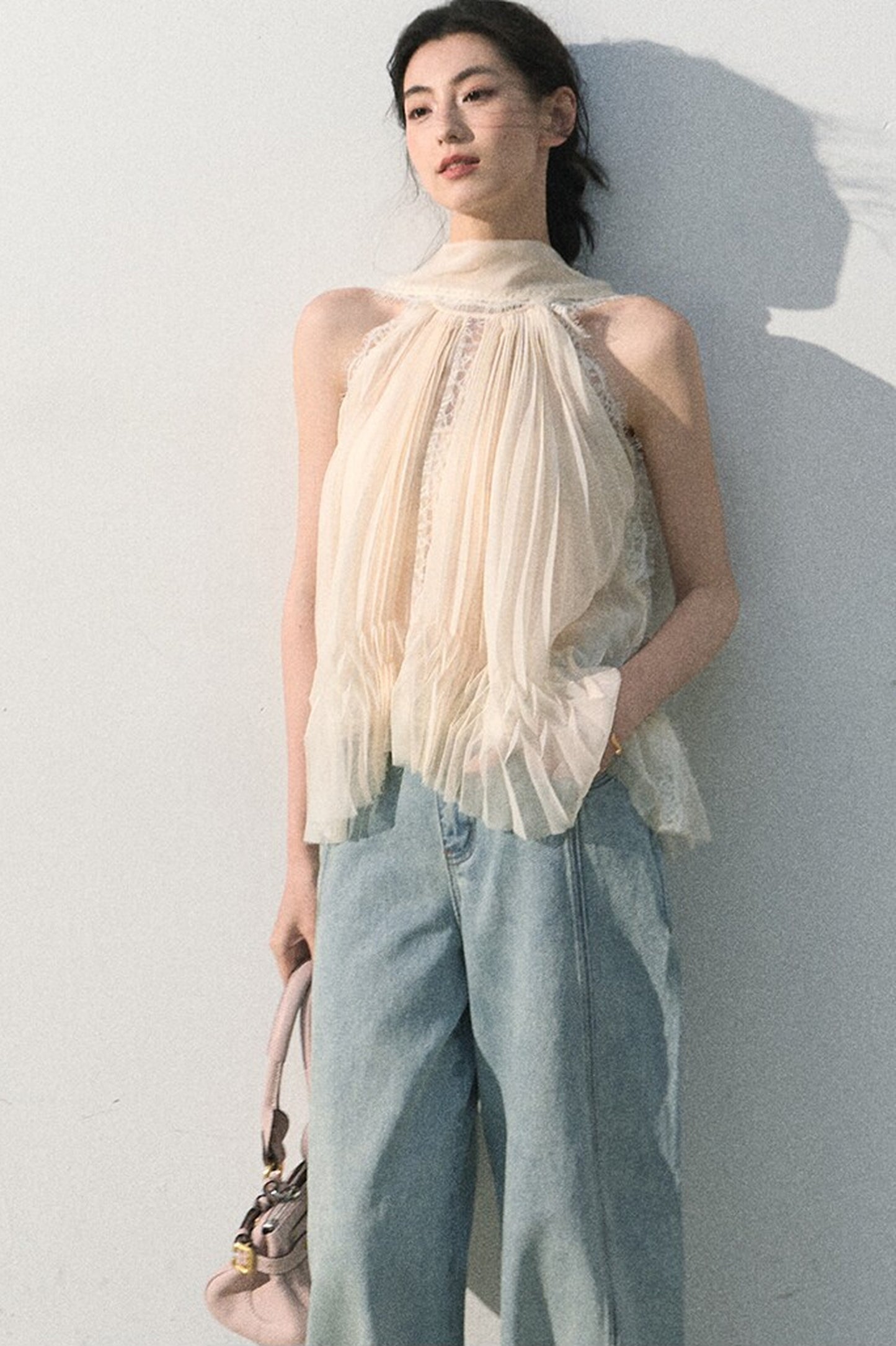 Pantaloni vintage in cotone effetto consumato a gamba larga