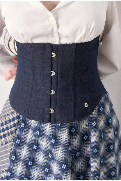 White Shirt and Denim Waistband Asymmetrical Plaid Skirt Set-Up