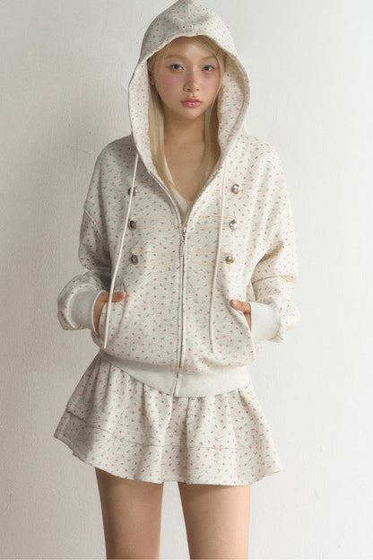 Floral Hooded Cardigan and Skirt Set-Up