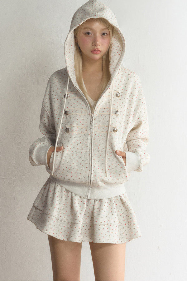 Floral Hooded Cardigan and Skirt Set-Up