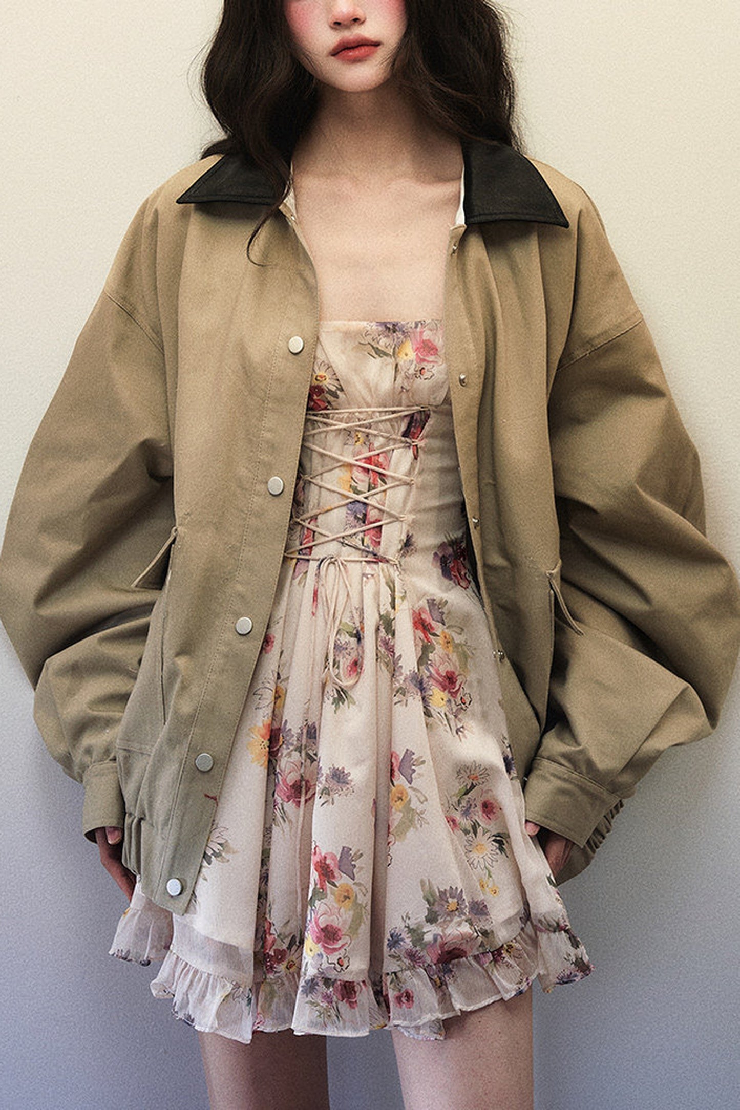 Oversized Khaki Green Black Lapel Jacket