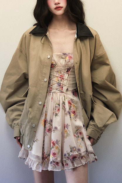 Oversized Khaki Green Black Lapel Jacket