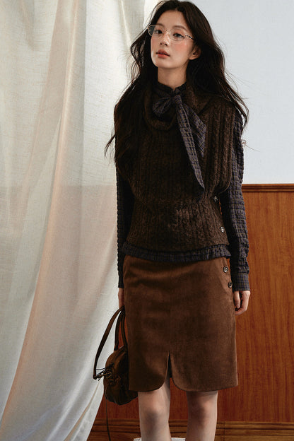 Retro Plaid Ribbon Top and Suede Skirt Set-Up