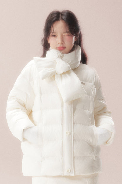 Bow-Knot Scarf Mid-Length Down Jacket